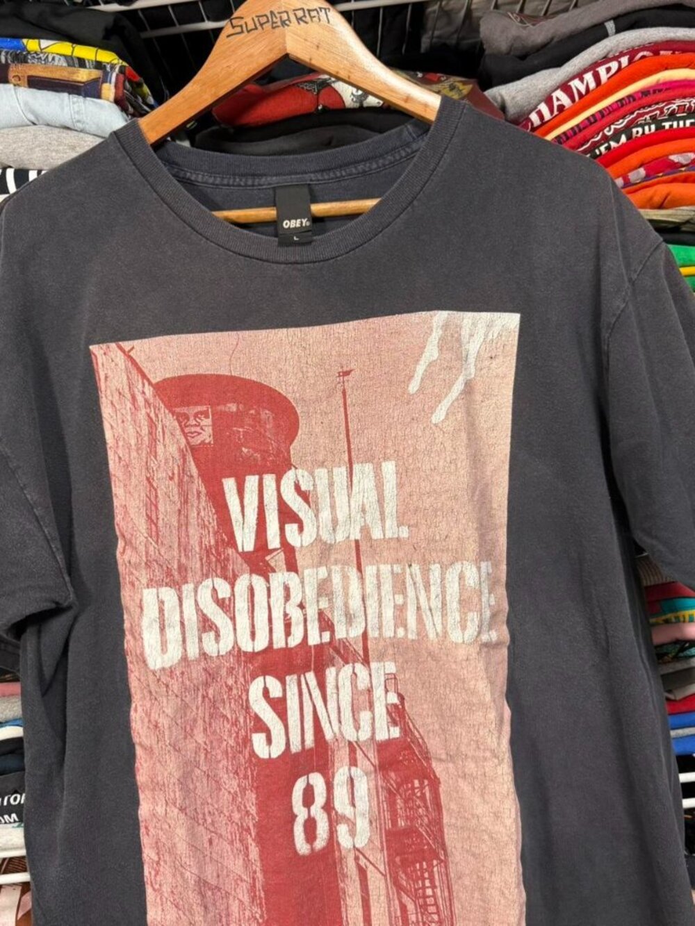 Obey visual disobedience graphic t shirt black faded